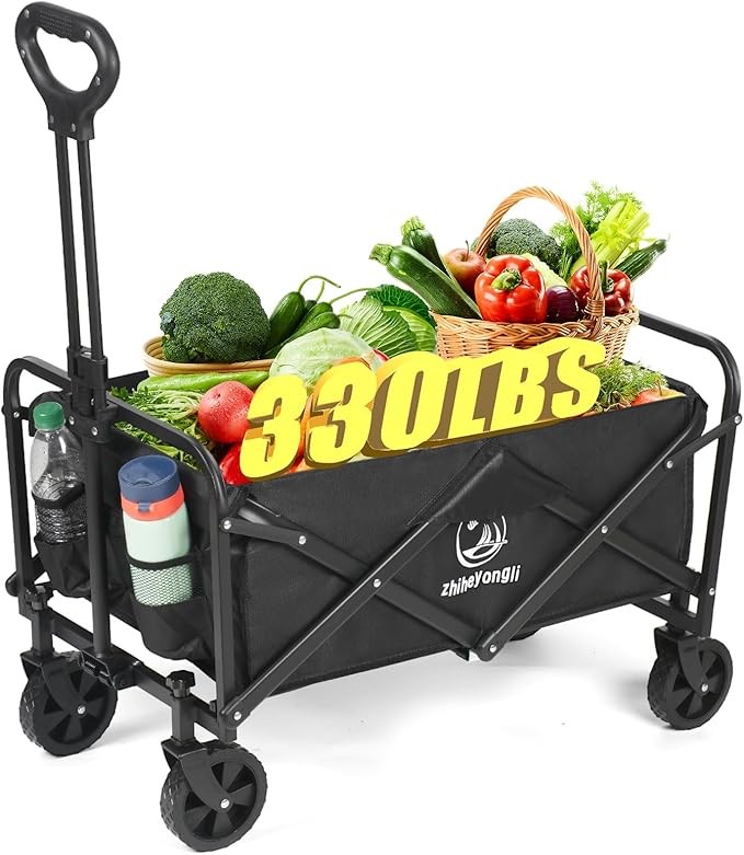 Collapsible Wagon Cart with Wheels Foldable,330lbs Big Capacity Foldable Wagon for Groceries for Camping, Sports, Beach, Shopping, Garden,Picnic(Black)