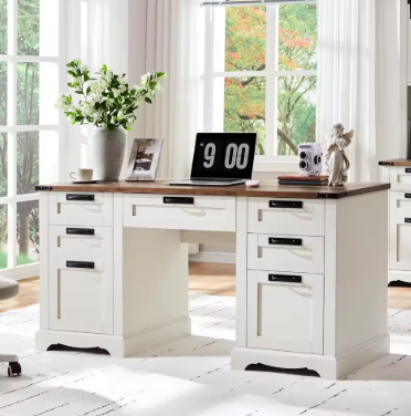 60" Farmhouse Executive Desk with Drawers, Wood Home Office Desk w/Charging Station, Keyboard Tray, File Drawer