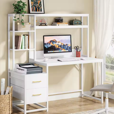 55 Inch Computer Desk with 2 Drawers and Storage Shelves, Wihite Office Desk with Hutch, Modern Study Writing Gaming(White)