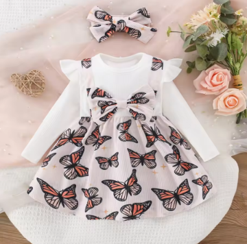 Spring And Autumn New White Long Sleeve Baby Girl Dress, Cute Butterfly Children'S Clothing (6 Months -3 Years Old)