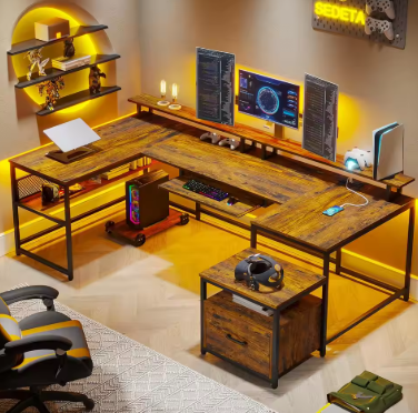 U Shaped Desk, Reversible L Shaped Home Office Desk with File Drawer & Power Outlet, 101.5'' Computer Two Person Desk