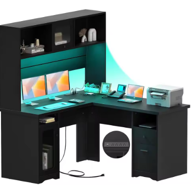 Unikito L Shaped Office Desk With Hutch, 60 Inch Computer Desk With Power Outlet And Led Lights, Large Modern Corner Desk With