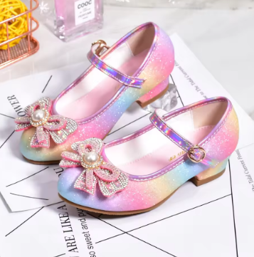 Girls' Leather Princess Shoes 2023 Children's Shoes Round-Toe Soft-Sole Girls High Heel Princess Crystal Party Dance Shoes