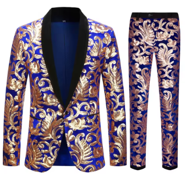 2024 European Size (Blazer + Trousers) Men's Suit Fashion Excellent Blue Velvet Gold Sequin Suit Wedding Groom Dress 2 Piece Set