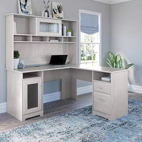 Furniture Cabot L Shaped Desk with Hutch Corner Desk with Storage for Home Office in Linen White Oak 60W L Shaped Computer Desk